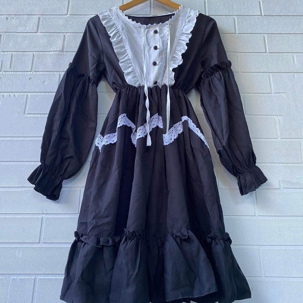 Black Gothic High Waisted Puffed Long Sleeve Dress